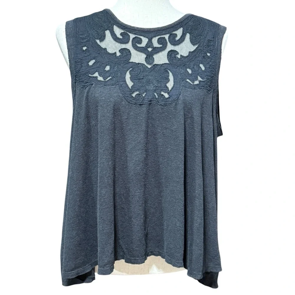 Free People Linen Blend Lace Flowy Tank Top Size Small Black Boho Floral Summer